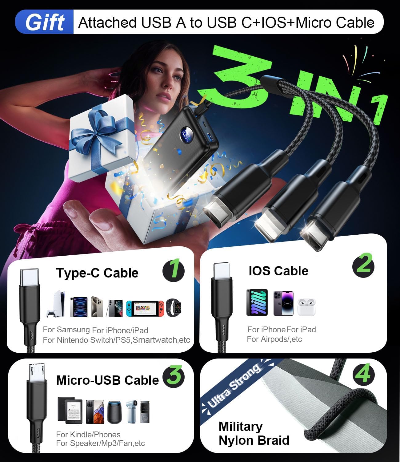71FgQa5uSZL. AC SL1500 Portable Charger Power Bank - 60,000mAh Battery Pack, 22.5W Fast Charging Phone Charger with USB-C/iOS/Micro-USB Cable, Powerbank for iPhone 16 15 14 13 12 Samsung Google, Travel Camping Essentials Edu Expertise Hub Mobile phones
