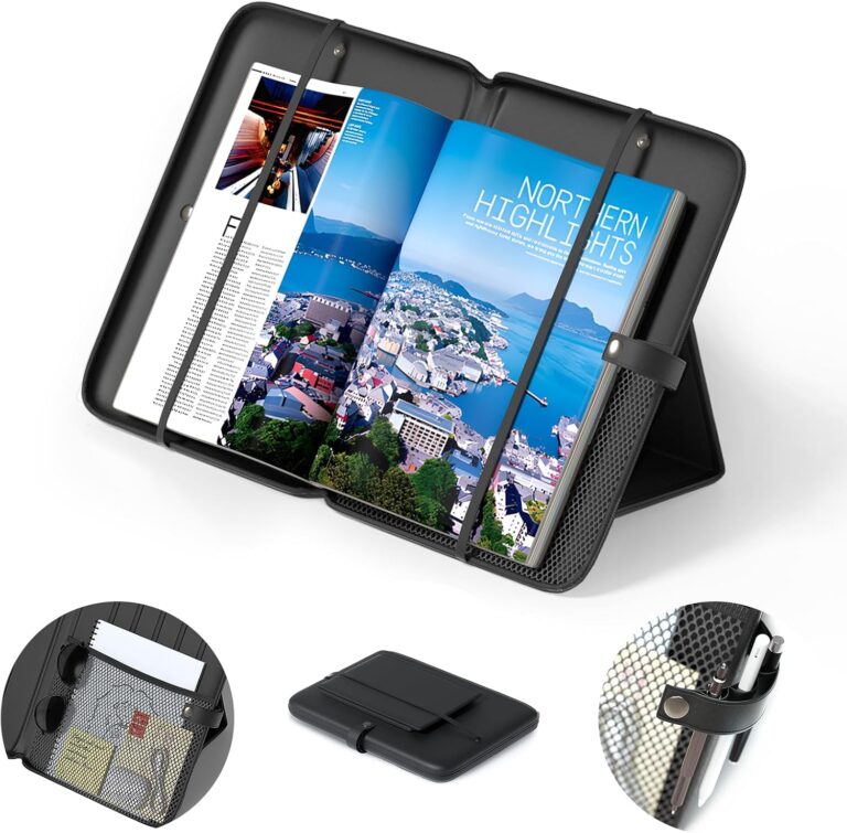 1758450732 71hOWkkALpL. AC SL1500 KDD 3 in 1 Book Holder Stand for Reading, Portable Desktop Bookstand with Mesh Storage Bag, 3 Pen Slots & Adjustable Straps, Lightweight Book Sleeve Fits Tablets, E-Readers, Cookbooks & Sheet Music Edu Expertise Hub Tablets & E-Readers