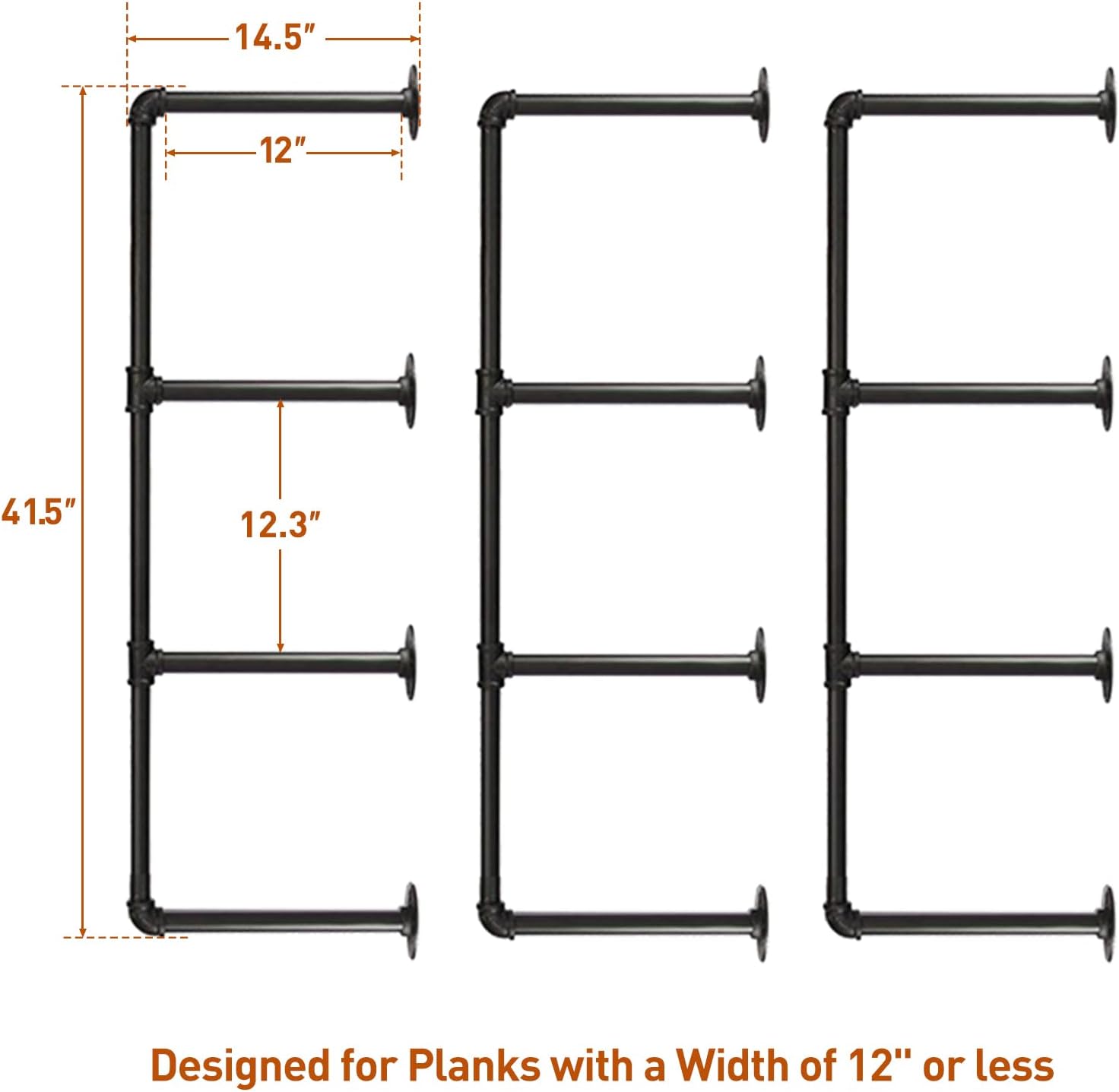 61R6PDAFpdL. AC SL1500 HITOMEN Industrial Iron Pipe Shelves, 3 Set 4-Tier 41.5" Tall 12" Depth, DIY Open Bookshelf Bookcase, Wall Mounted Vintage Retro Shelving, Rustic Farmhouse Pantry Kitchen Storage, Black Shelf Brackets Edu Expertise Hub Industries