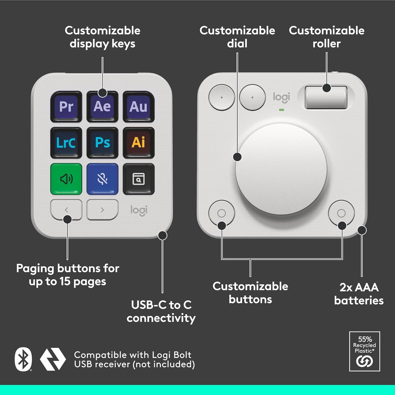 71KLummL+kL. AC SL1500 Logitech MX Creative Console, 9 Customizable LCD Keys, Stream Deck Accessories, Control Dial for Graphic Design, Adobe, Zoom, Spotify - Pale Grey, 3-Month Adobe Creative Cloud Membership Edu Expertise Hub Graphics & Design