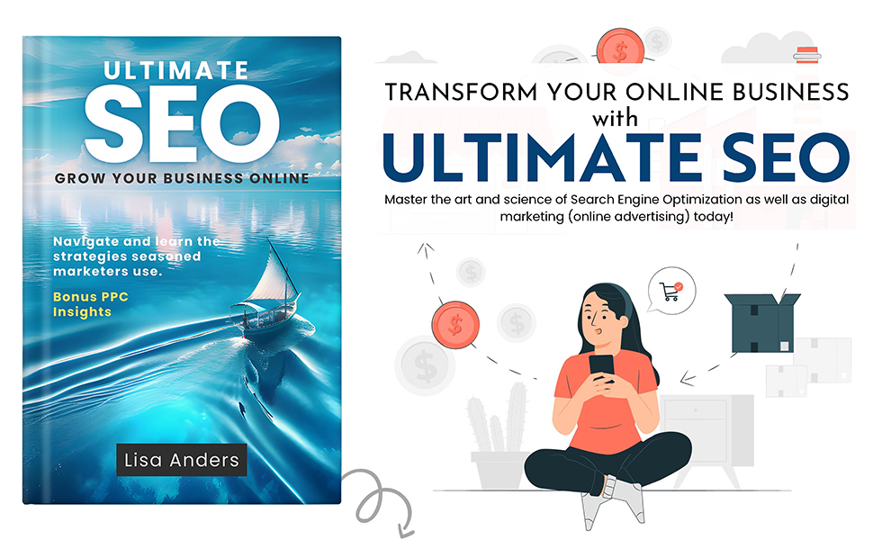 Ultimate SEO: Grow Your Business Online Book on left, girl on right with phone purchasing book