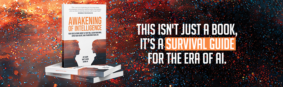 Pile of Awakening of Intelligence books next to AI survival guide headline
