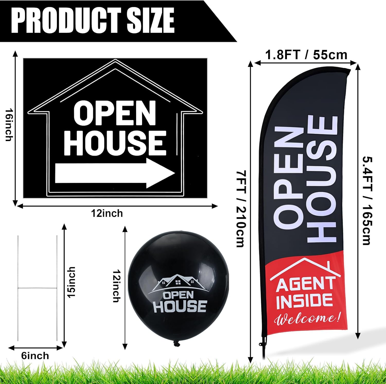 Buryeah 106 Pcs Real Estate Agent Supplies Accessories, 2 Open House Banner Flag with Pole Kit, 14 Yard Lawn Ground Sale Directional Arrows Signs with Stakes Double Sided and 90 Balloons (Black) Edu Expertise Hub Real Estate