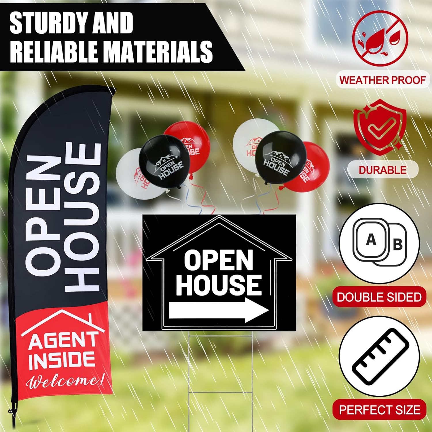71Psz6SX3JL. AC SL1500 Buryeah 106 Pcs Real Estate Agent Supplies Accessories, 2 Open House Banner Flag with Pole Kit, 14 Yard Lawn Ground Sale Directional Arrows Signs with Stakes Double Sided and 90 Balloons (Black) Edu Expertise Hub Real Estate