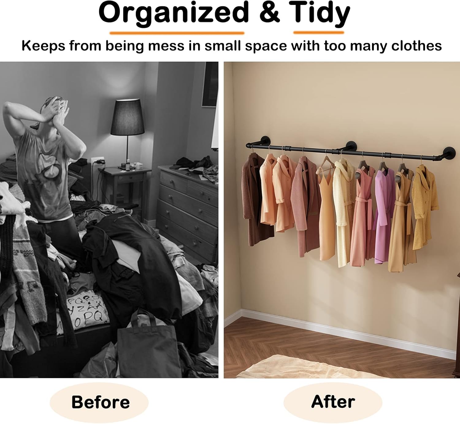 71RFIPeUckL. AC SL1500 Wall Mounted Clothes Rack 72.5in, Industrial Pipe Clothing Racks Wall Mount, Heavy Duty Detachable Iron Garment Bar, Saving Space, Multi-Purpose Hanging Rod for Bedroom, Laundry Room, 2 Packs Edu Expertise Hub Industries