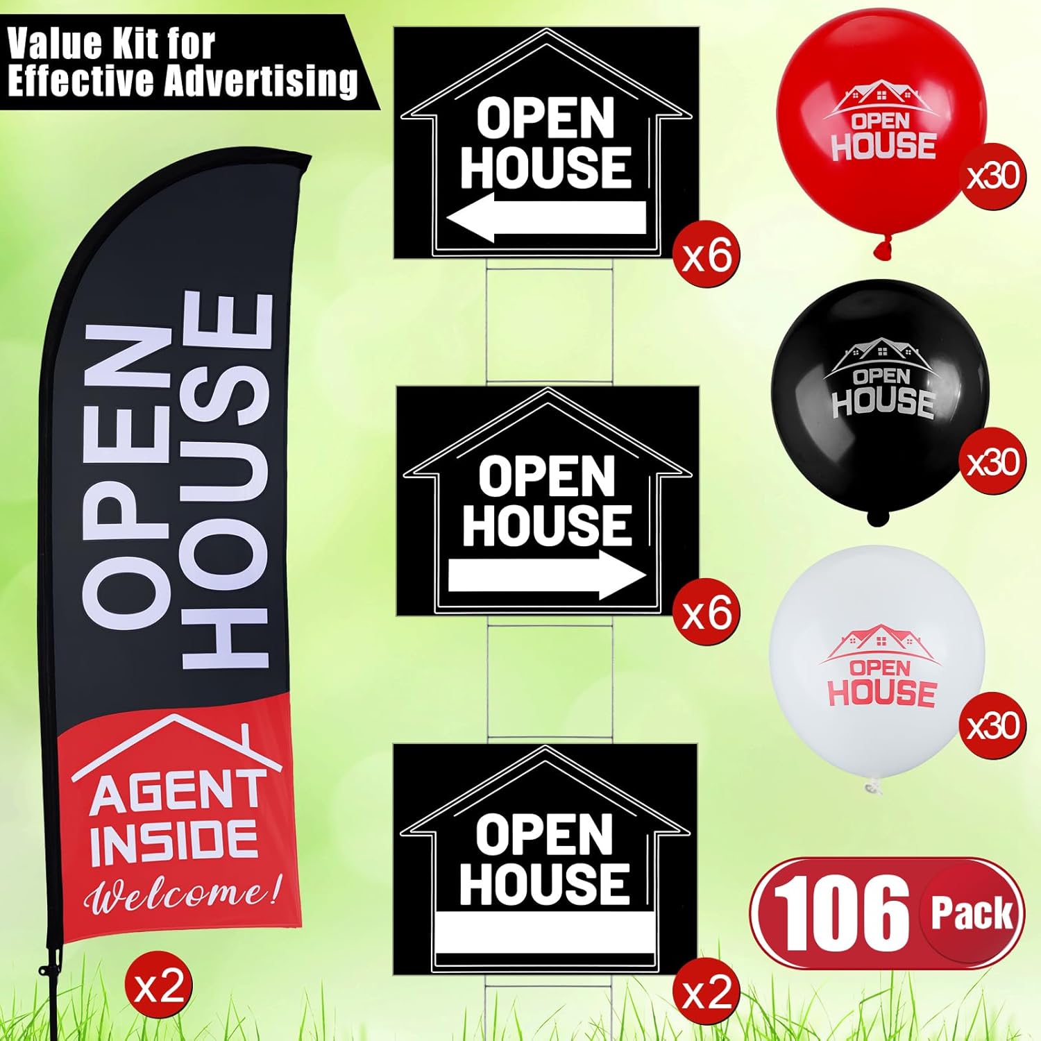 71a+cRmzd+L. AC SL1500 Buryeah 106 Pcs Real Estate Agent Supplies Accessories, 2 Open House Banner Flag with Pole Kit, 14 Yard Lawn Ground Sale Directional Arrows Signs with Stakes Double Sided and 90 Balloons (Black) Edu Expertise Hub Real Estate