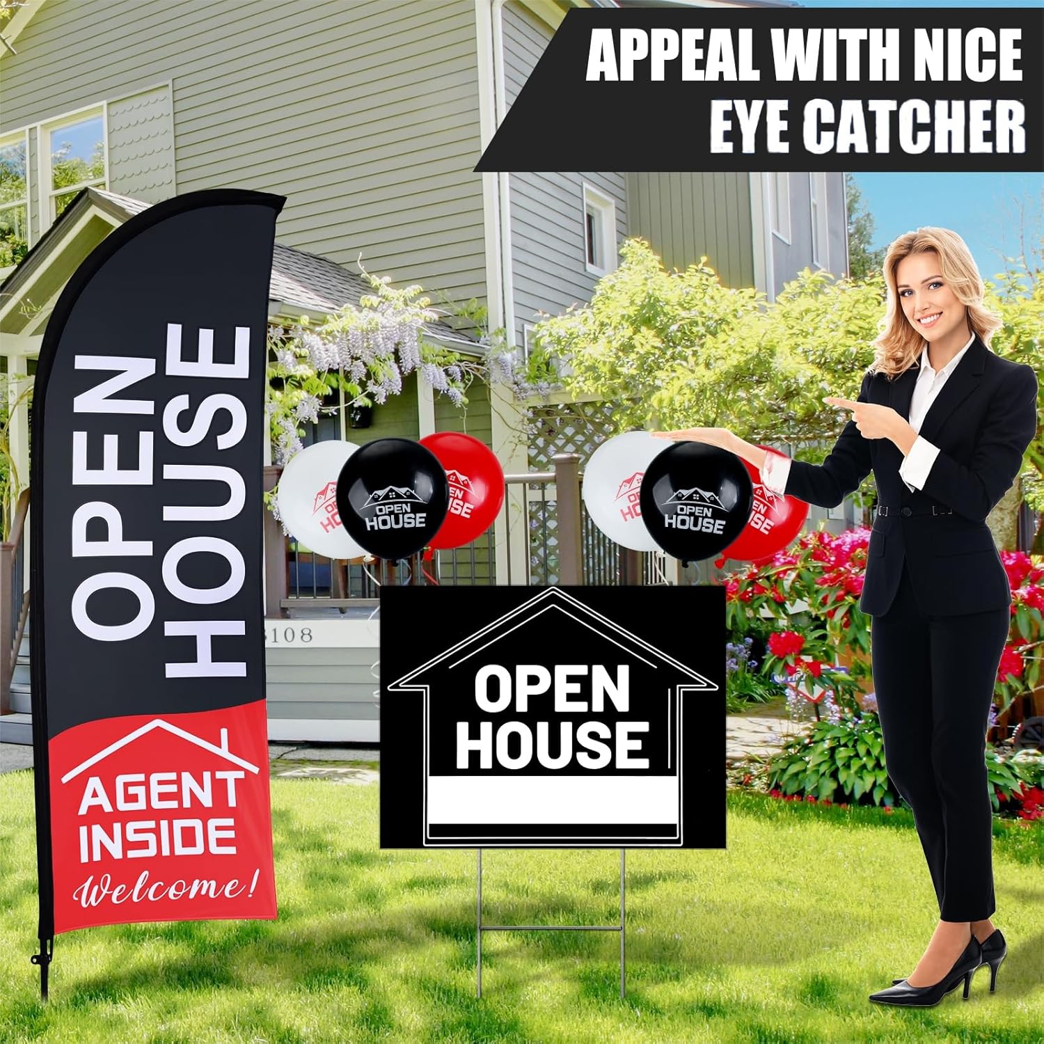 81p8D4XZBOL. AC SL1500 Buryeah 106 Pcs Real Estate Agent Supplies Accessories, 2 Open House Banner Flag with Pole Kit, 14 Yard Lawn Ground Sale Directional Arrows Signs with Stakes Double Sided and 90 Balloons (Black) Edu Expertise Hub Real Estate