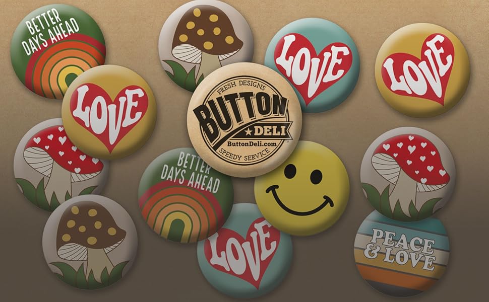 button deli logo with groovy 70s style buttons